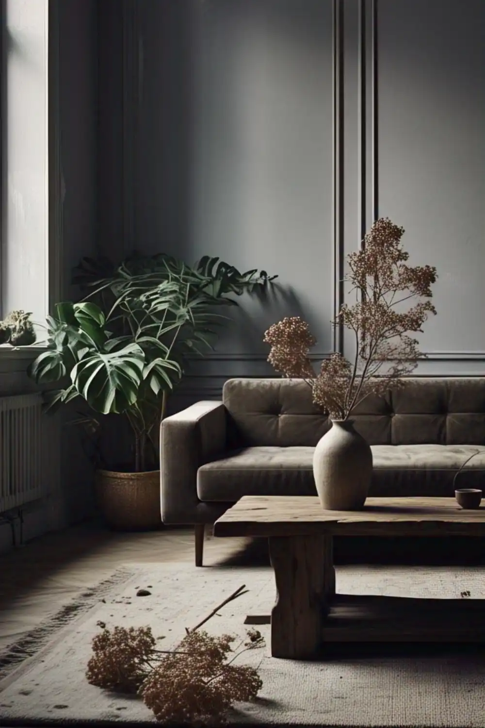Wabi Sabi living room Cozy living room with plants and modern decor.