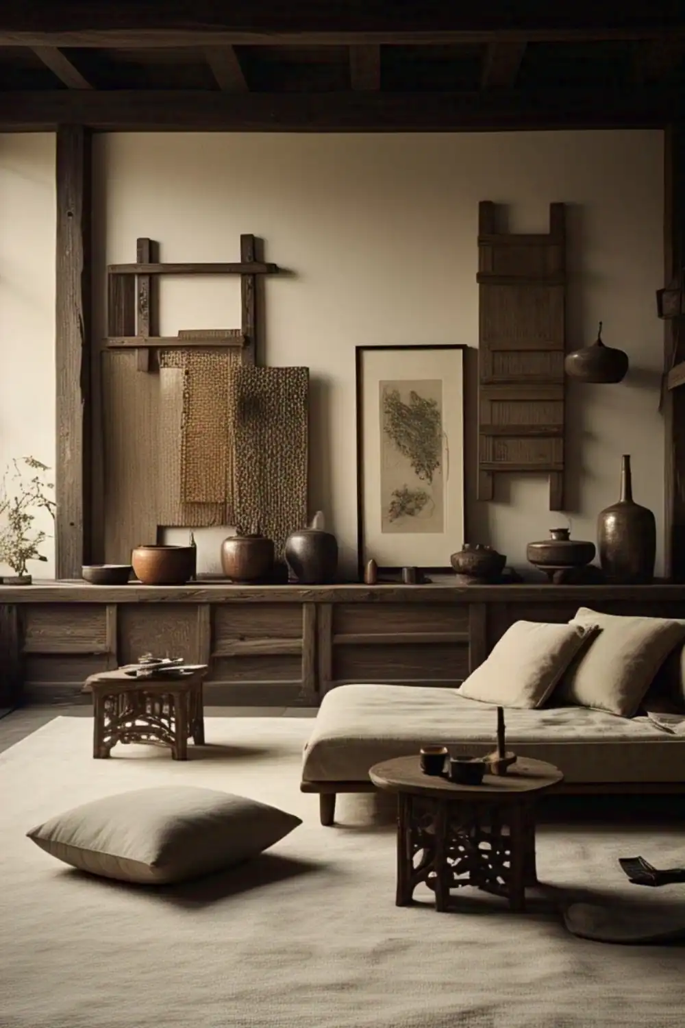 Wabi Sabi living room  Minimalist rustic living room with earthy tones.