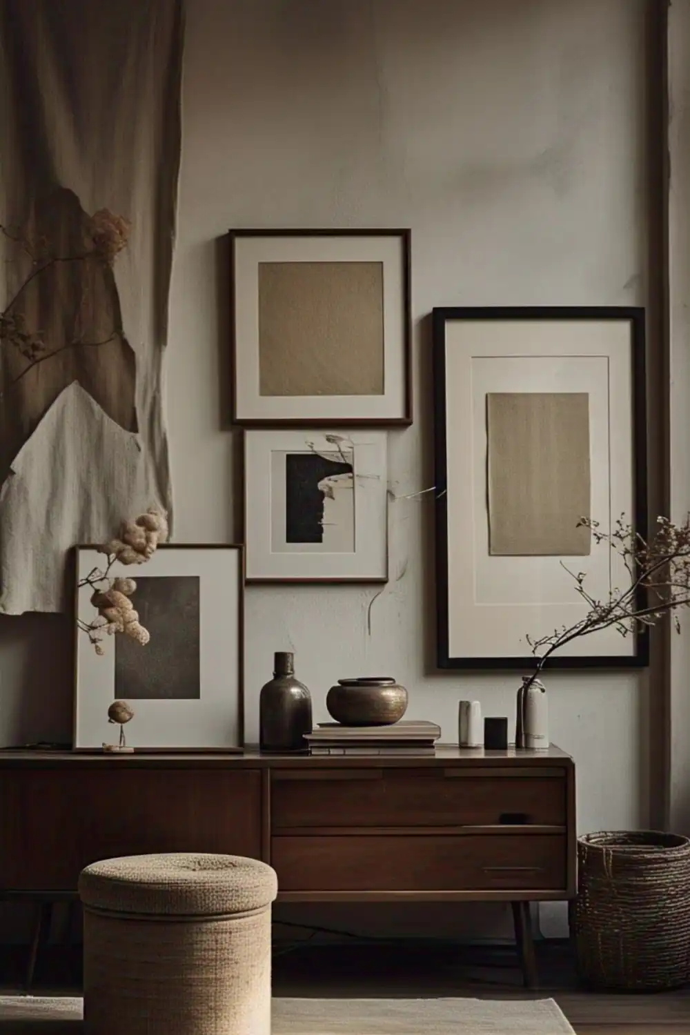 Wabi Sabi living room Minimalist interior decor with framed art and furniture.