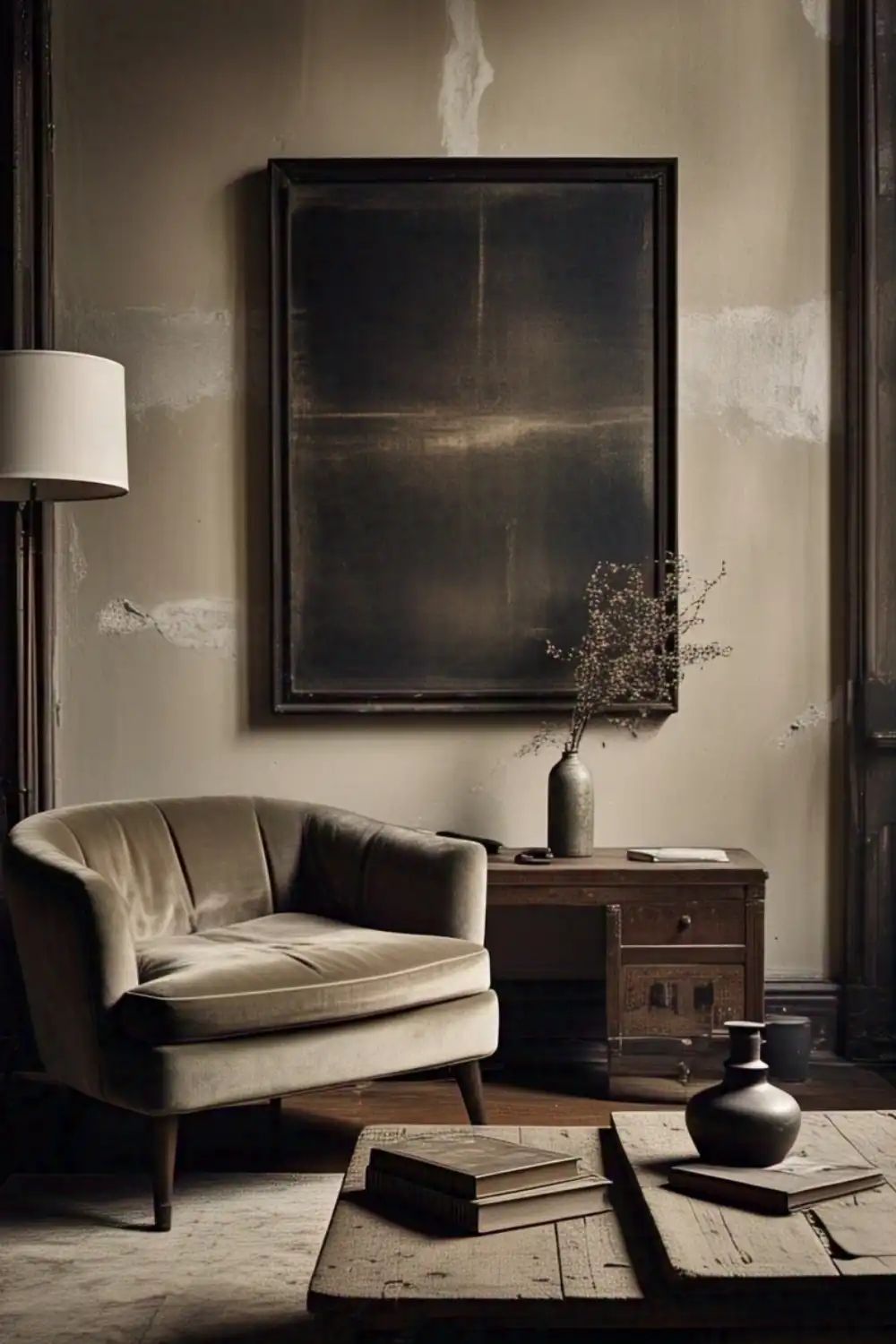 Wabi Sabi living room Cozy vintage living room with armchair and table.