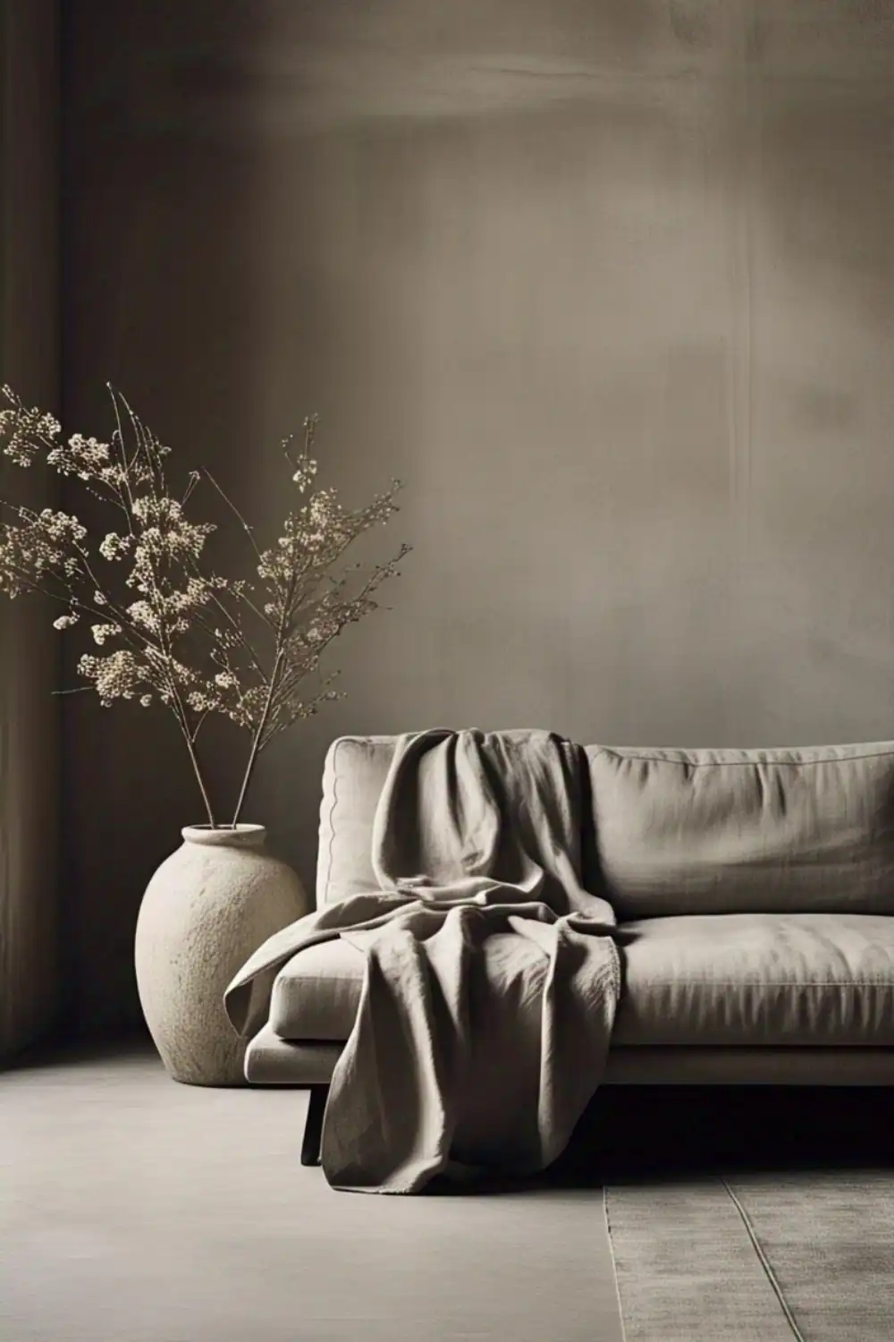 Wabi Sabi living room Neutral-toned couch with vase and flowers.