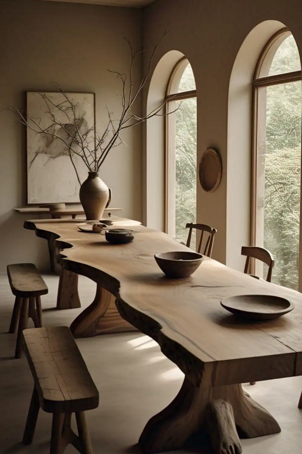 Wabi Sabi Table Rustic wooden table with pottery in natural light.