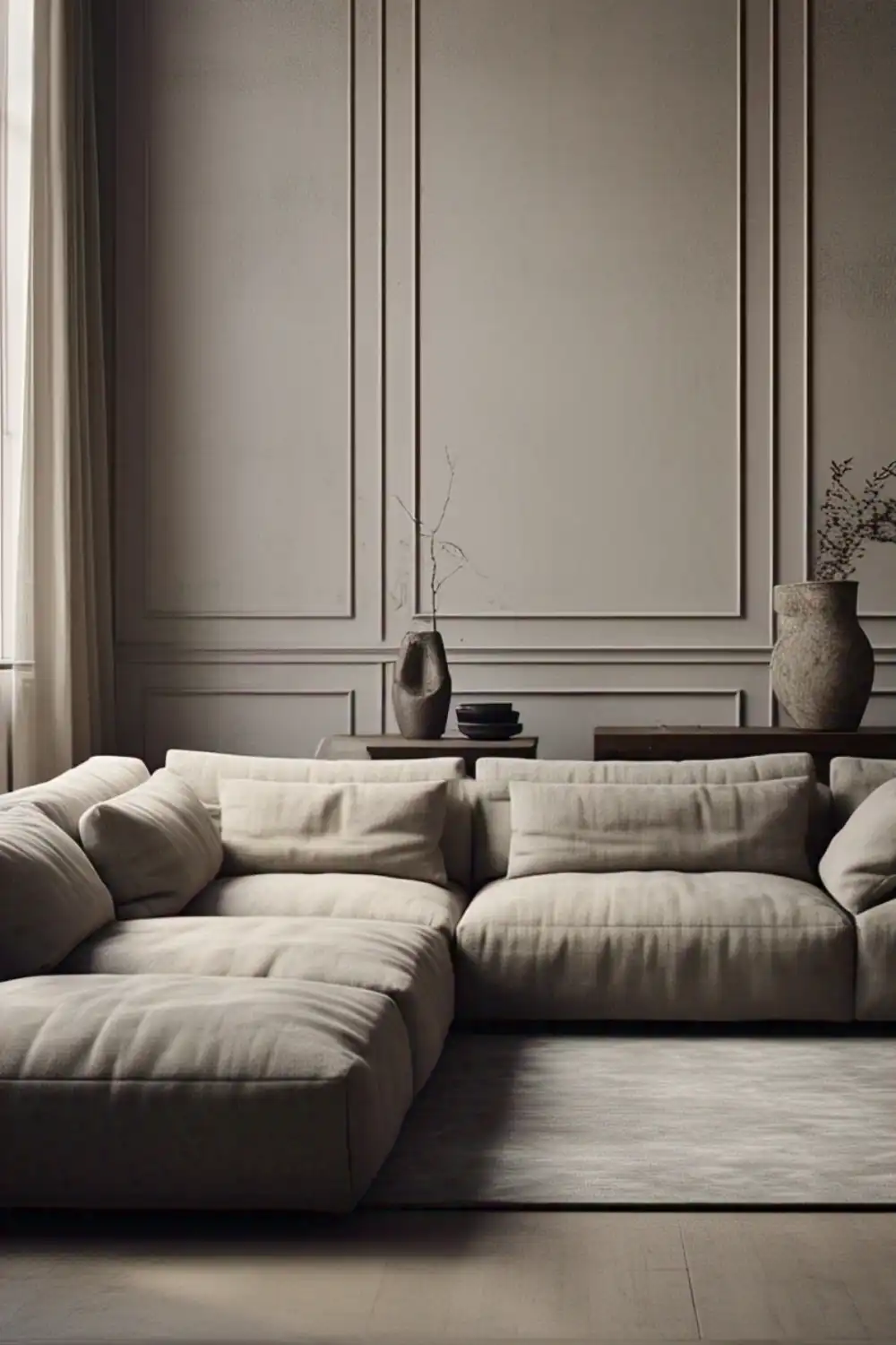Wabi Sabi living room Modern beige sectional sofa in elegant living room.