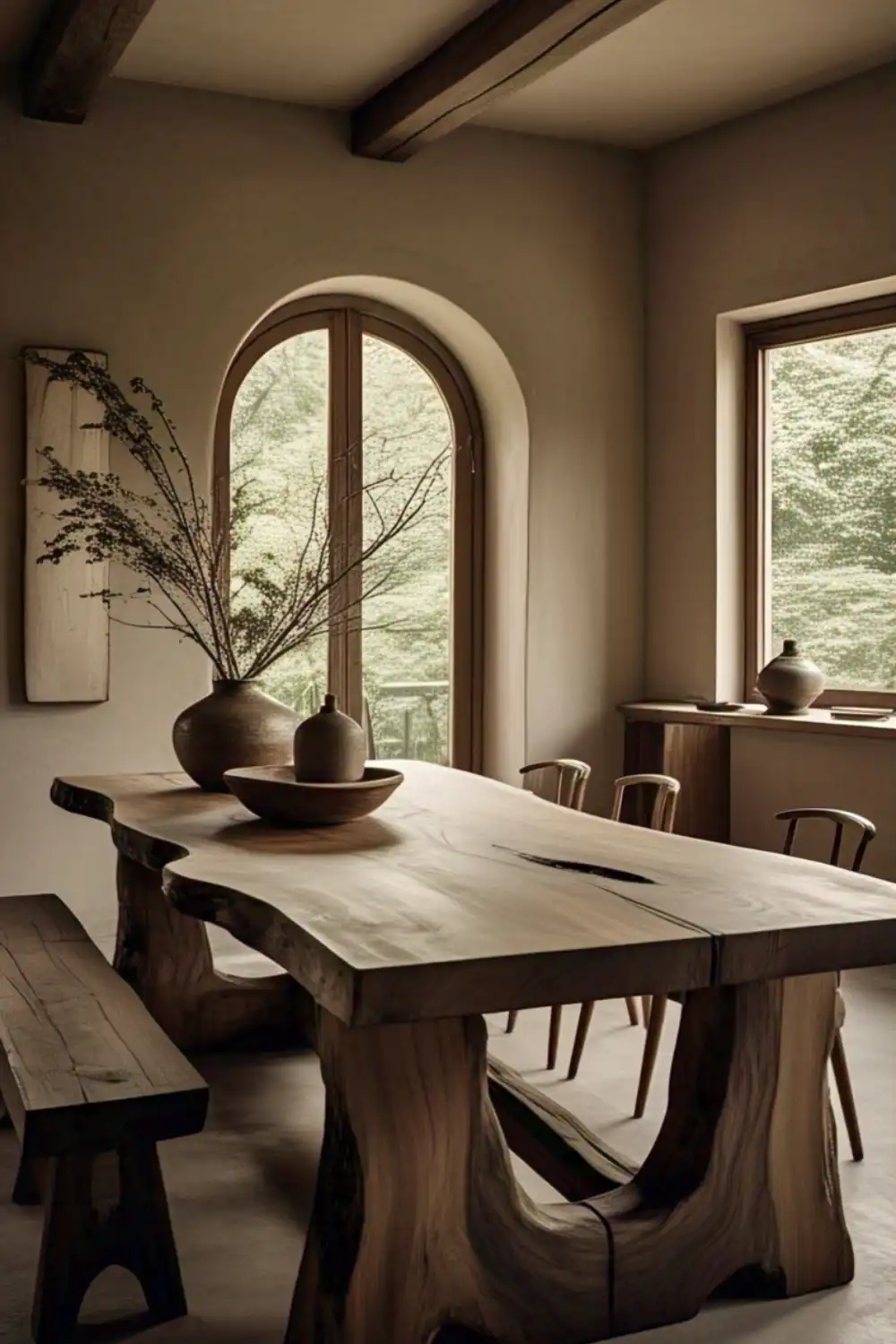Wabi Sabi Table Rustic dining room with wooden table and chairs.