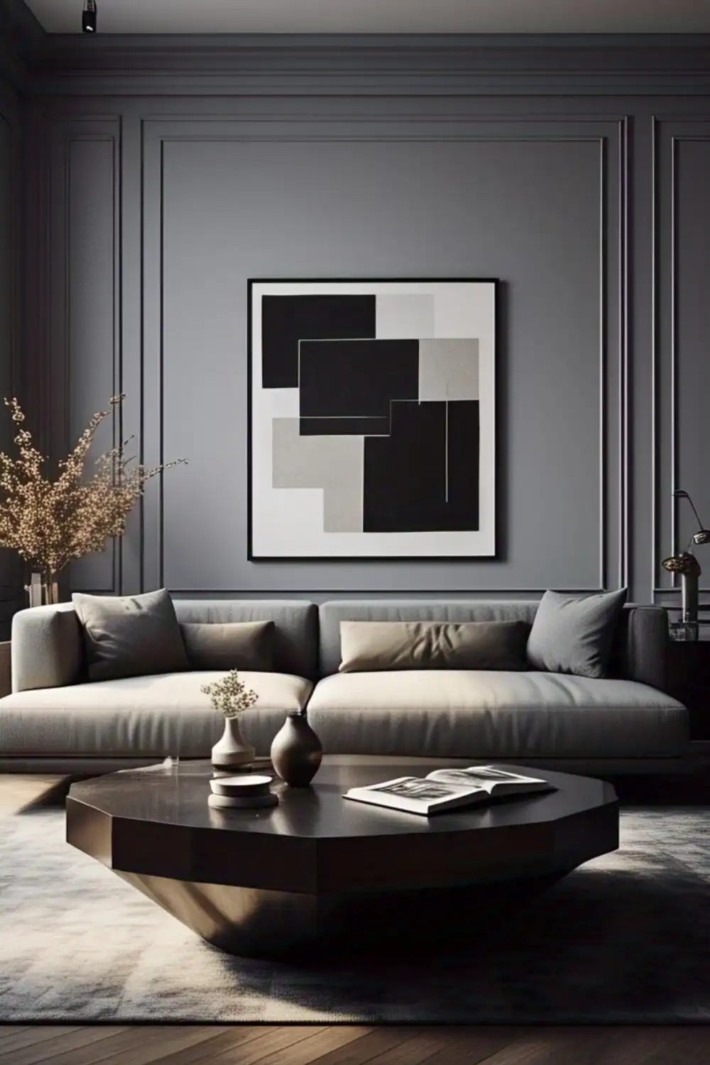 Wabi Sabi living room Minimalist living room with gray sofa and art
