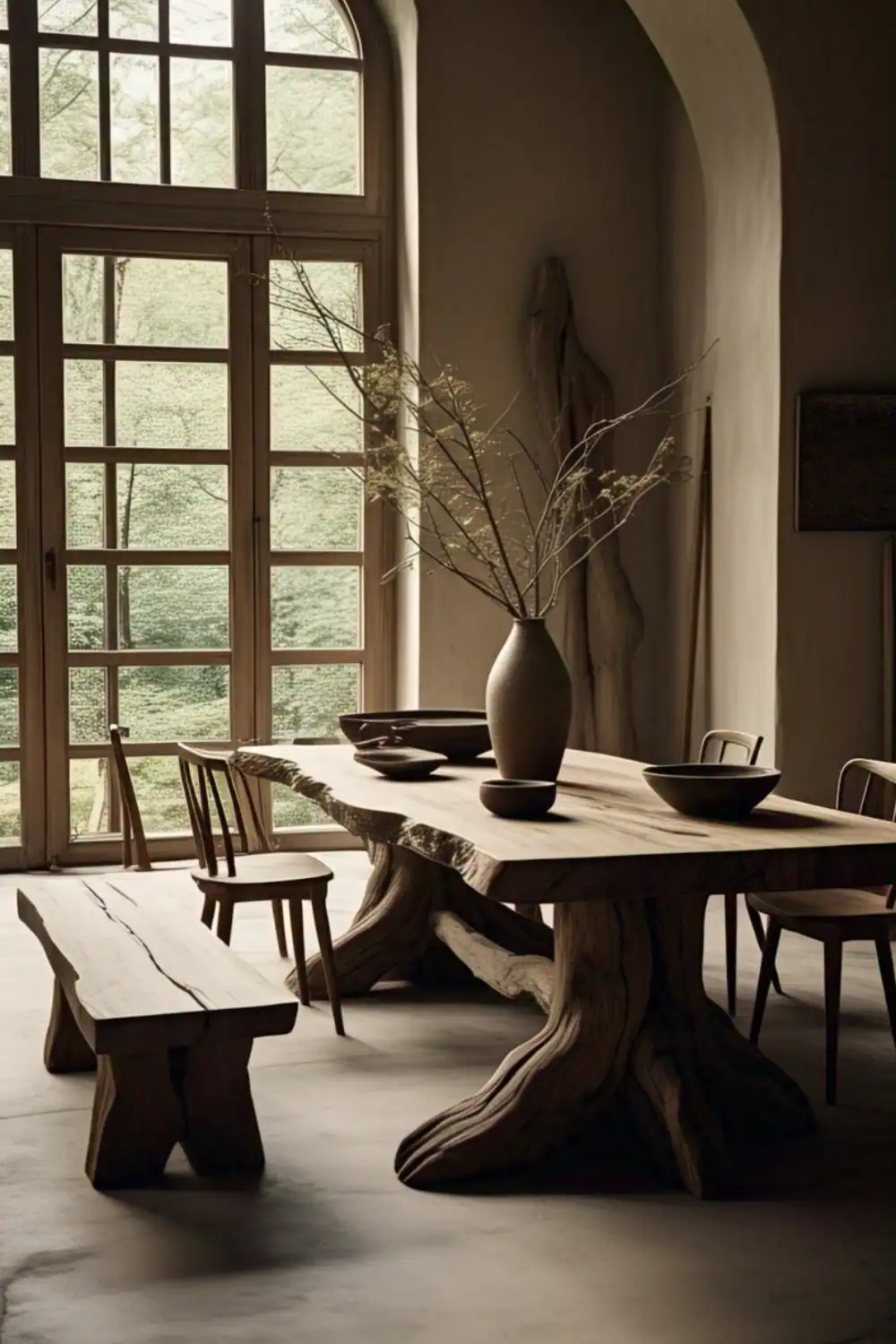 Wabi Sabi Table Rustic dining room with wooden table and chairs.