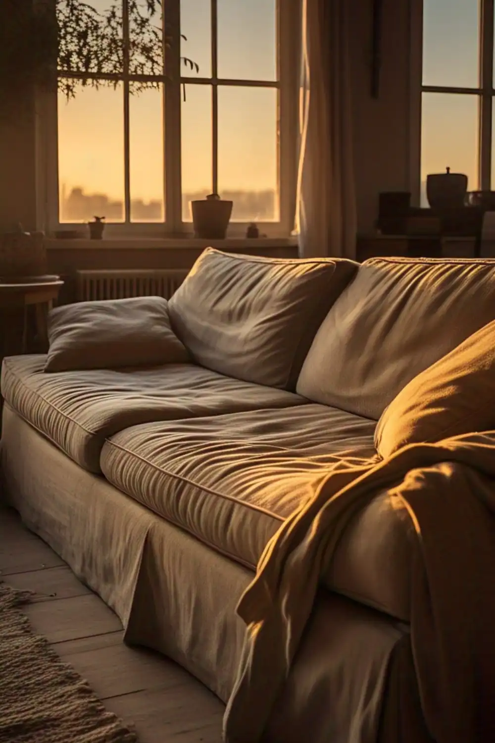 Cozy sofa in sunrise-lit living room