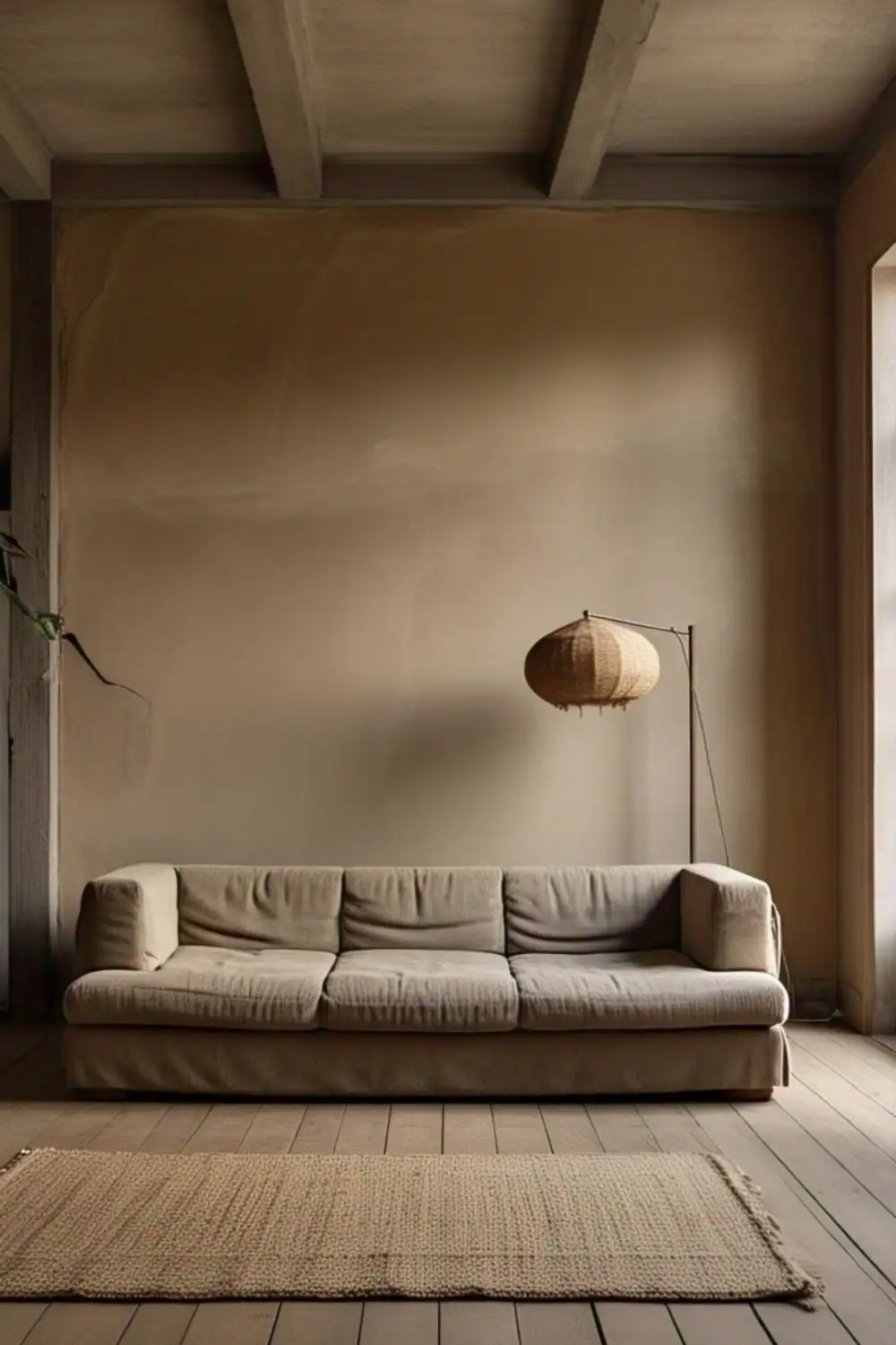 Cozy beige sofa with woven floor lamp