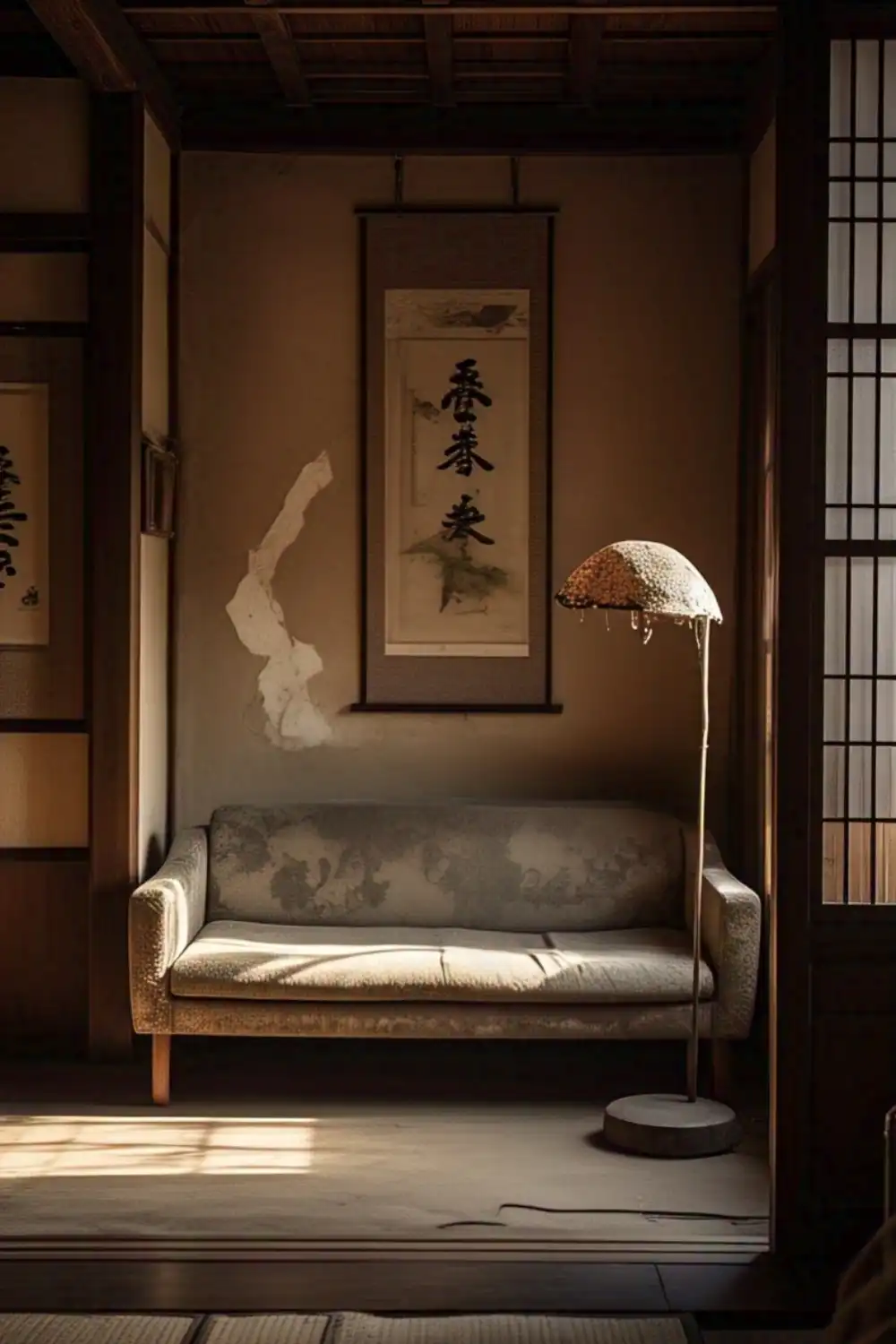 Vintage room with couch, lamp, and artwork.