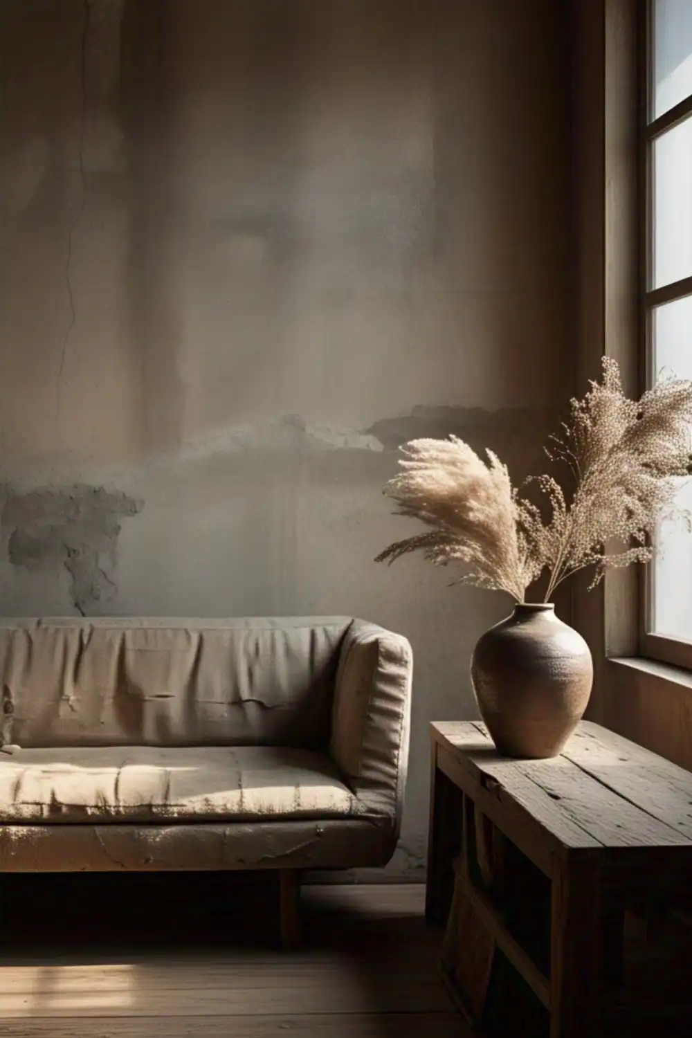 Rustic interior with sofa and pampas grass vase