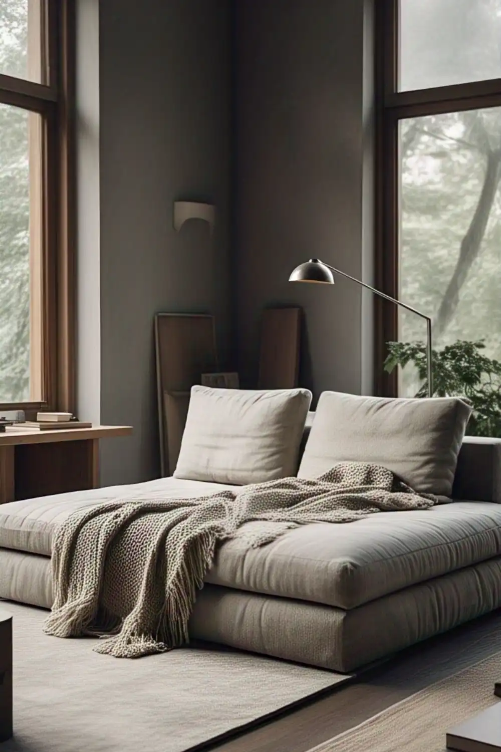 Cozy modern bedroom with large windows and soft lighting.
