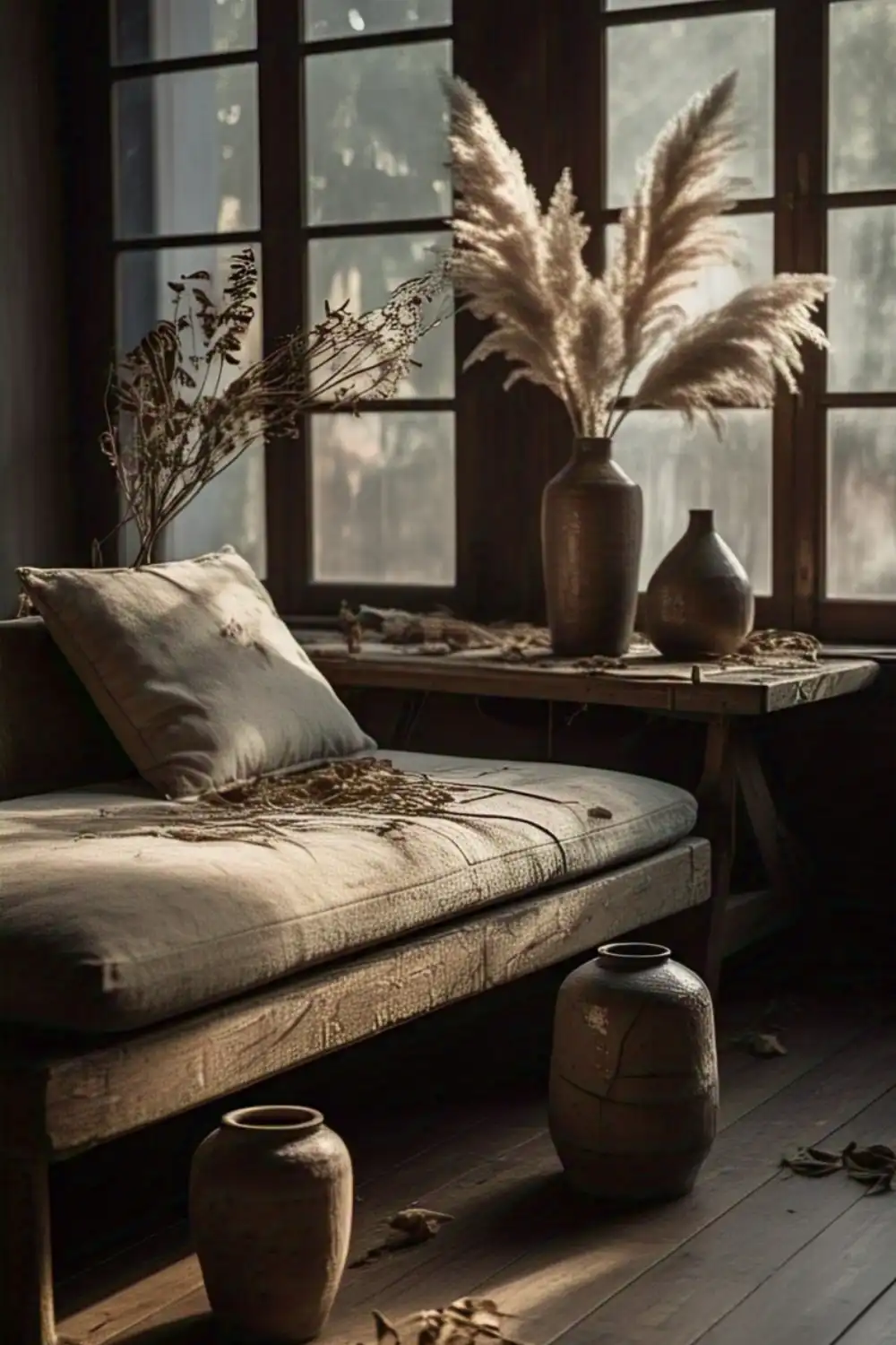 Cozy rustic room with pampas grass decor.