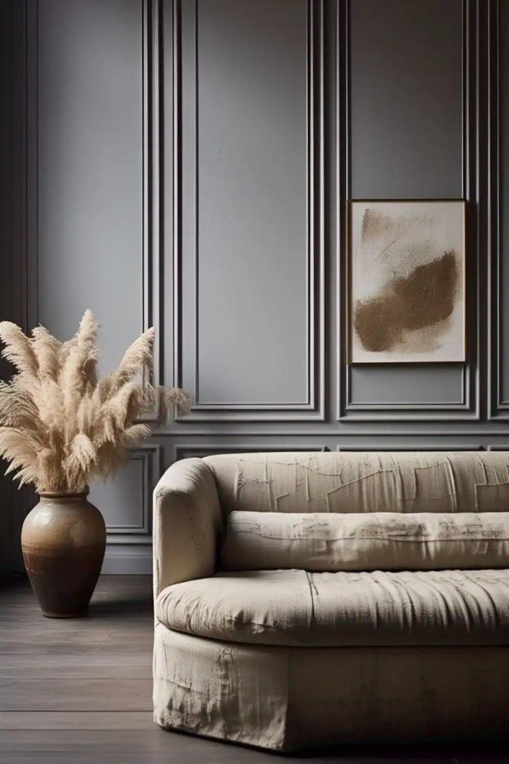 Minimalist living room with beige sofa and vase