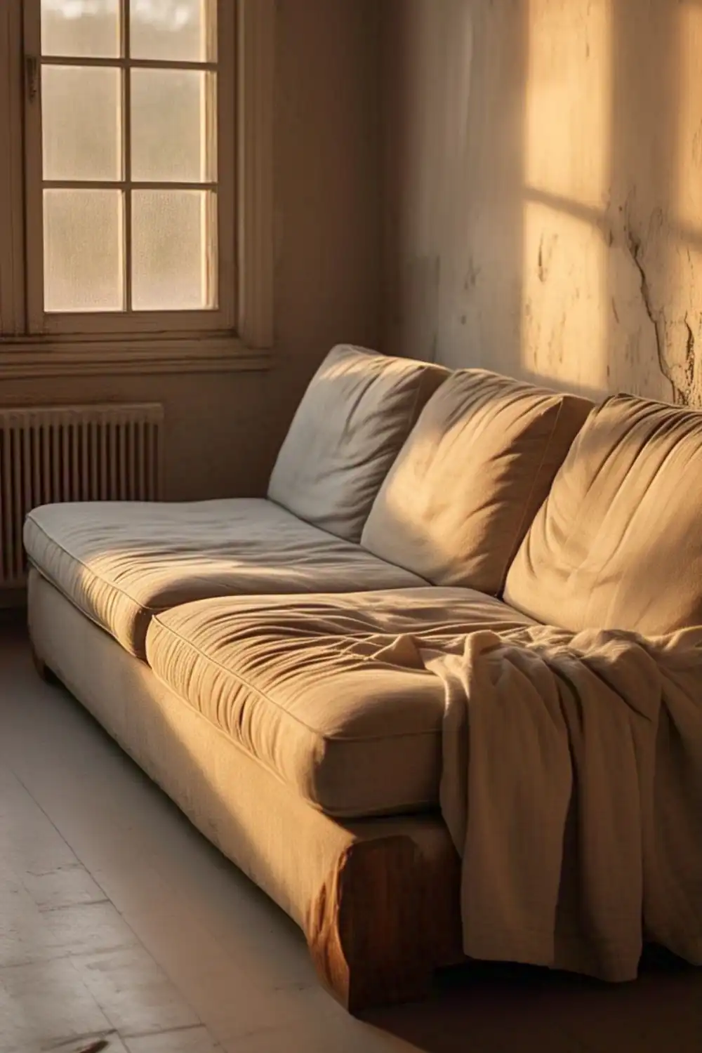 Sunlit beige couch in a cozy room.