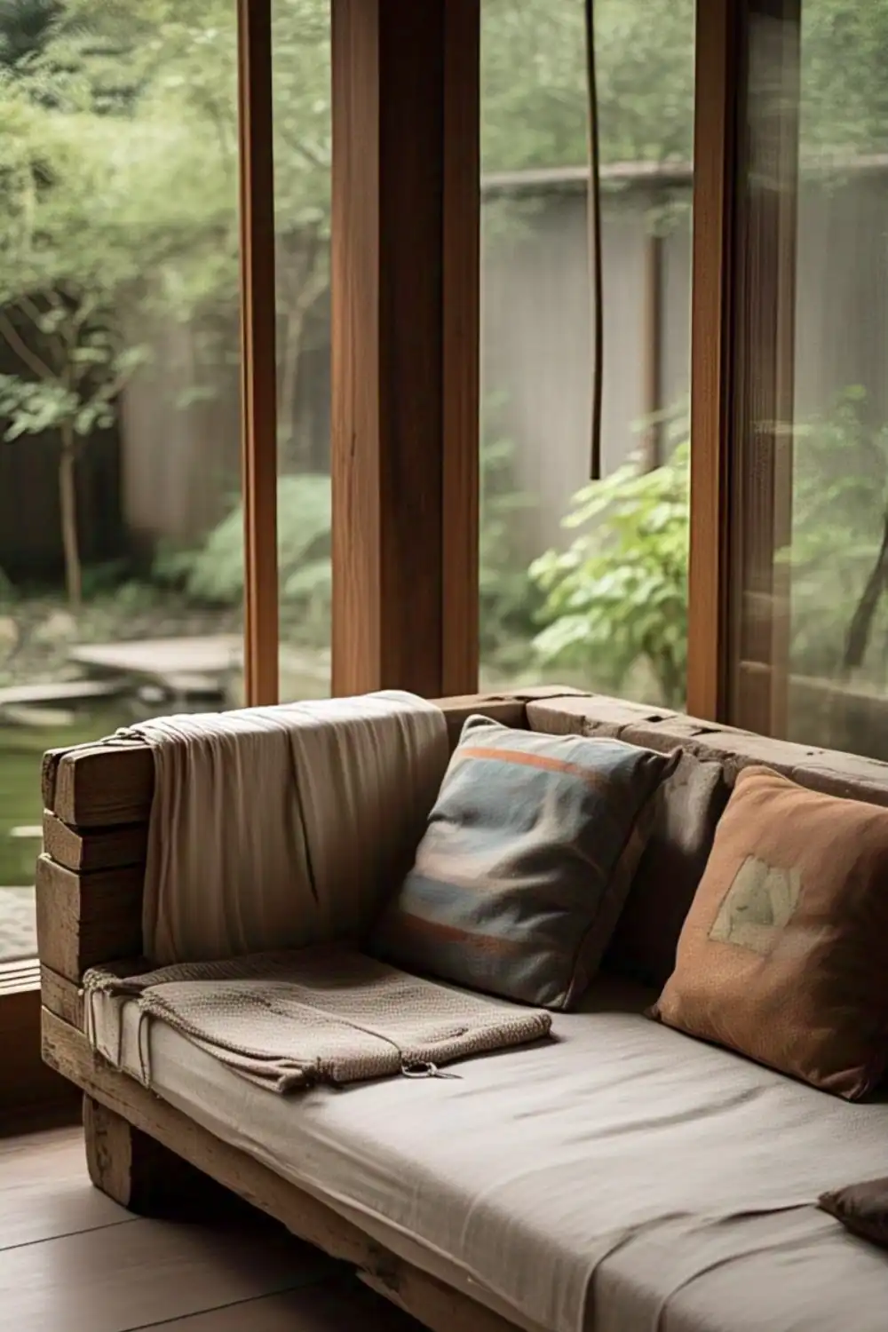 Cozy wooden bench with cushions, garden view