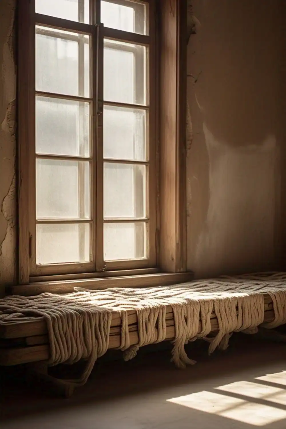 Cozy wooden window seat with woven cushion.