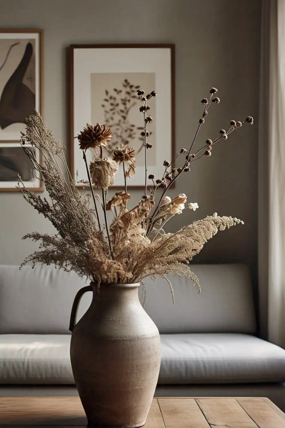 Vintage vase with dried flowers in cozy room.