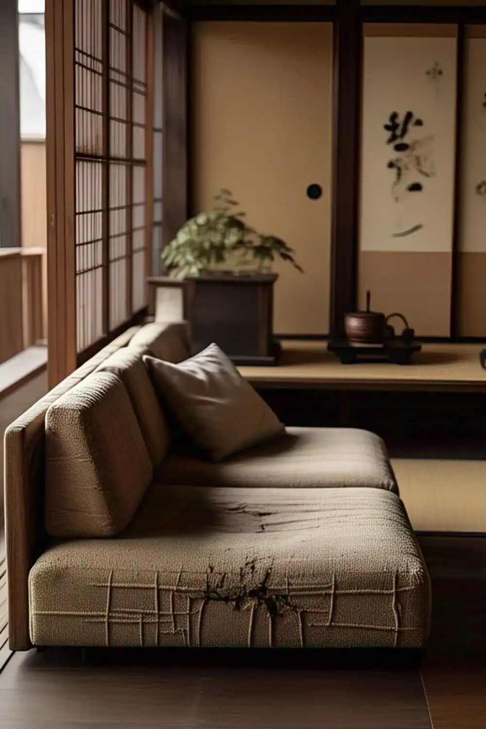 Traditional Japanese room with tatami mats and cushions.