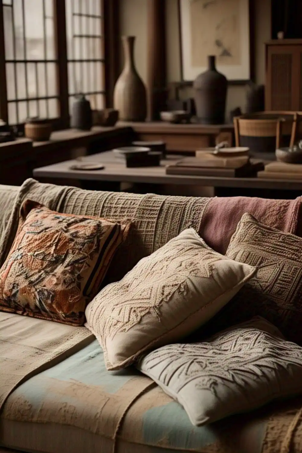 Cozy sofa with textured decorative pillows.