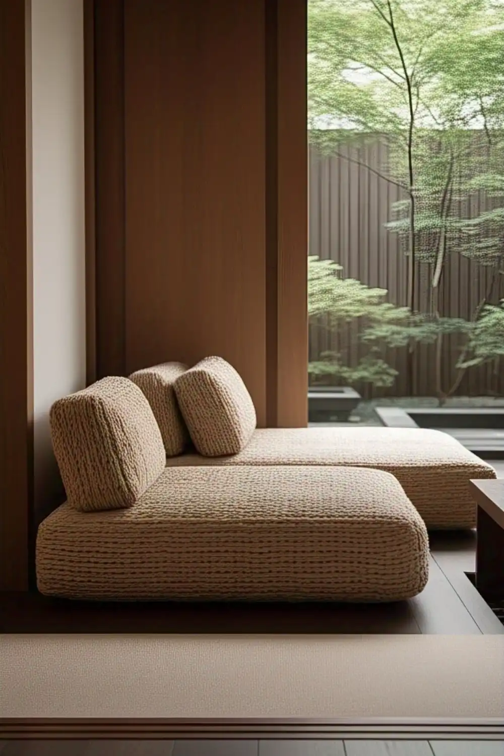 Minimalist lounge with beige seating and greenery view.