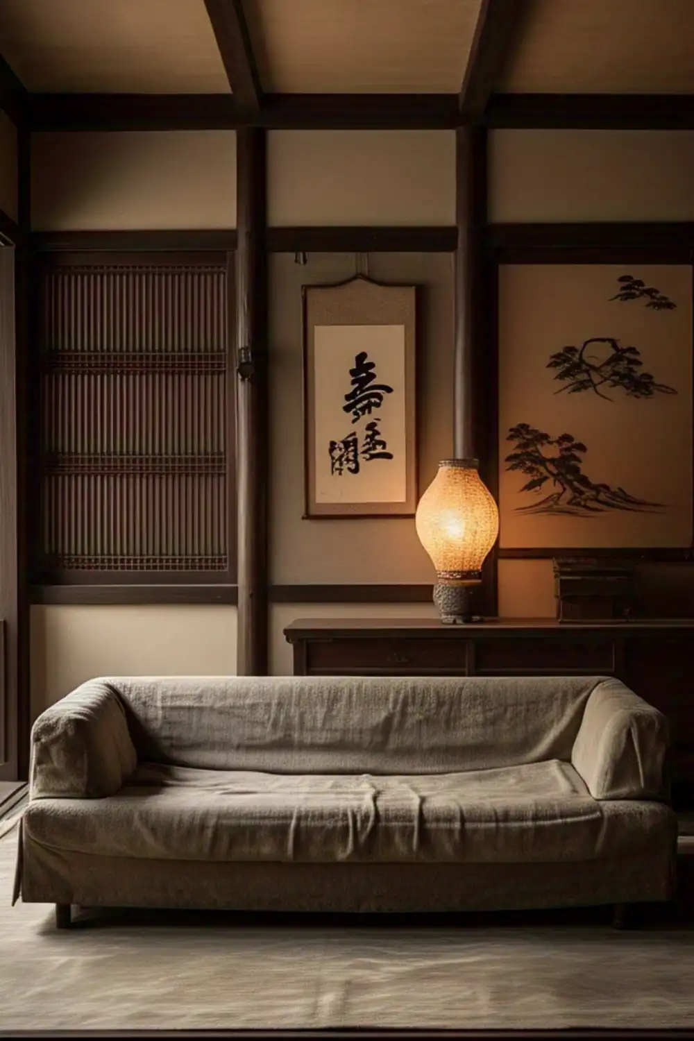 Japanese-style room with sofa and warm lighting.