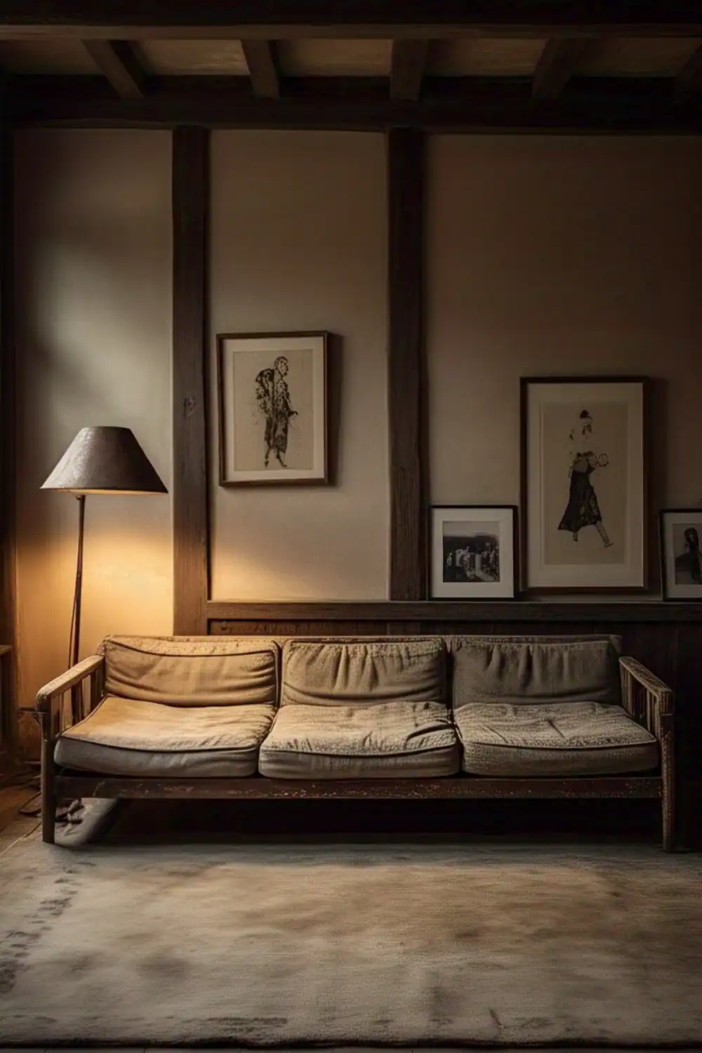 Cozy living room with sofa, lamp, and artwork.