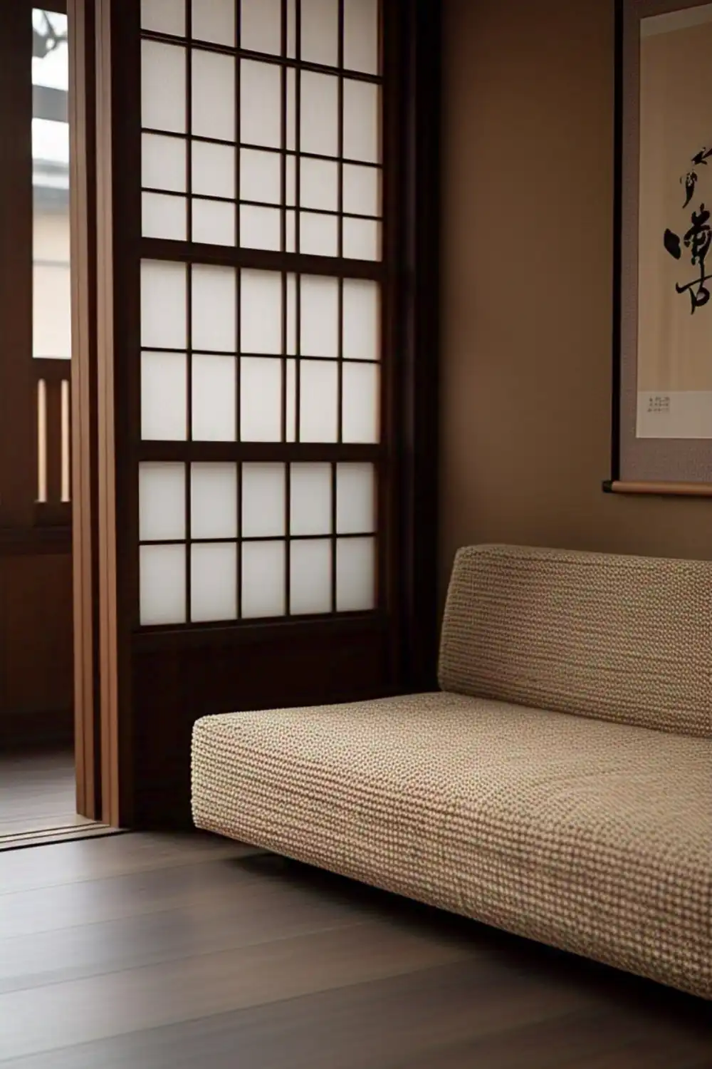 Minimalist room with shoji doors and textured sofa.