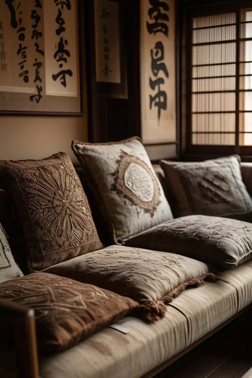 Cozy sofa with embroidered pillows and calligraphy art.