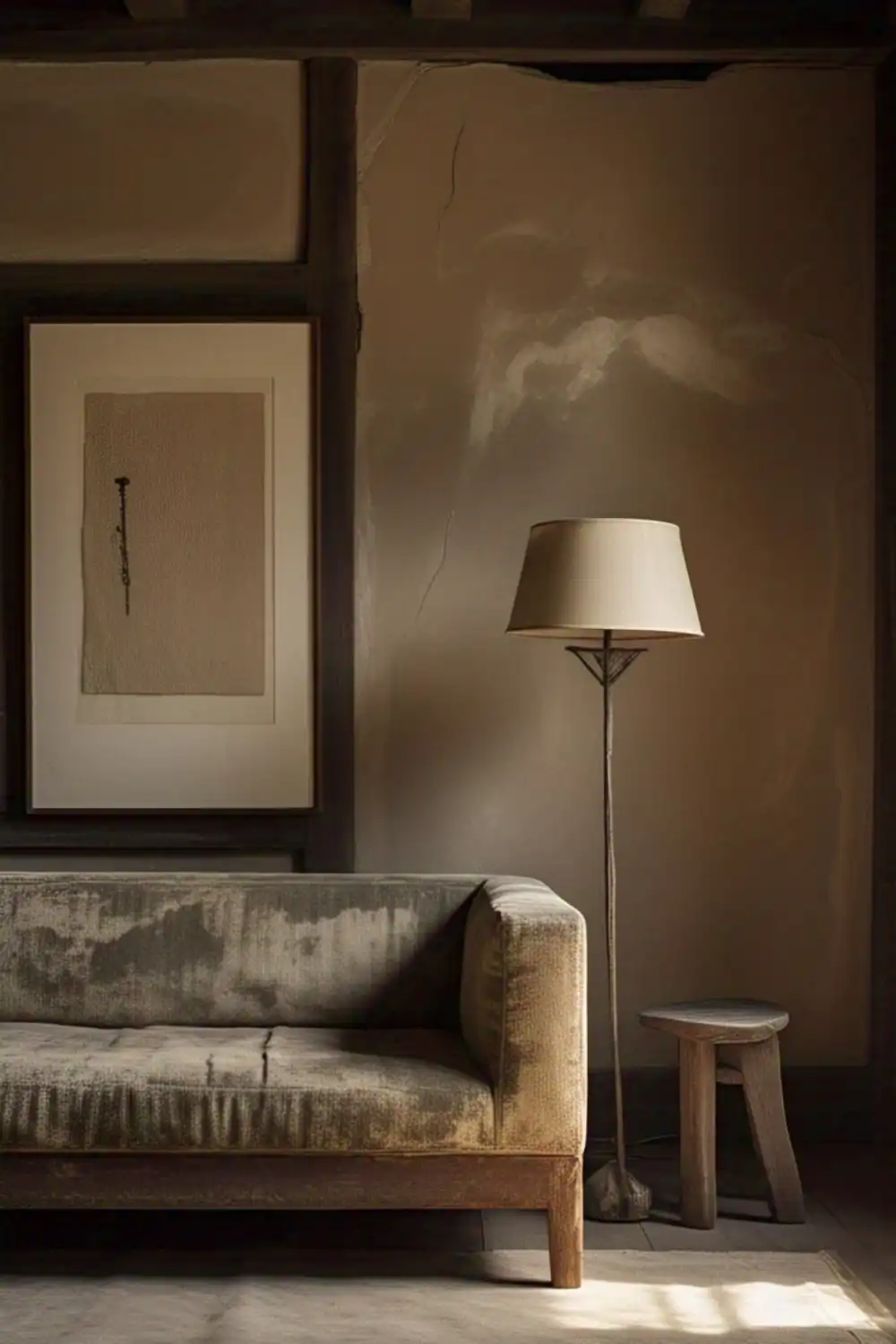 Cozy living room with sofa, lamp, and art piece.