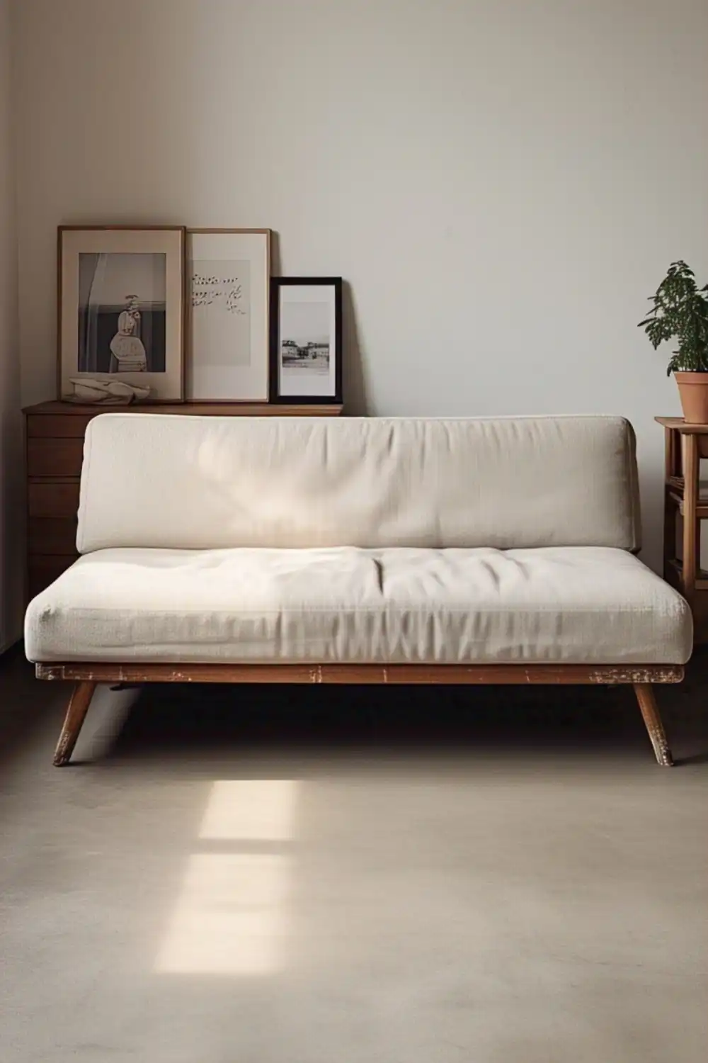 Minimalist living room with beige sofa and artwork