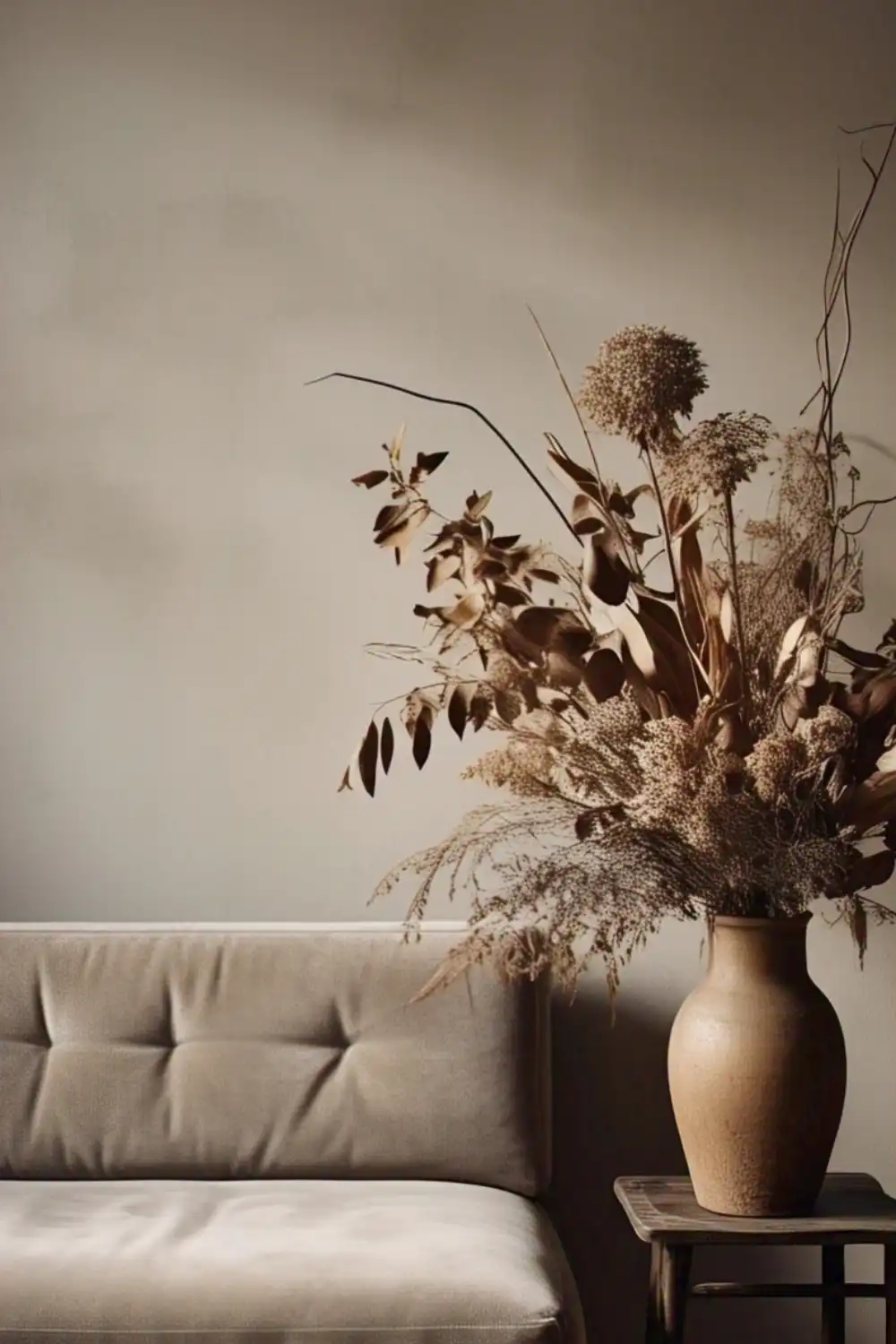 Beige couch with dried floral arrangement in vase.