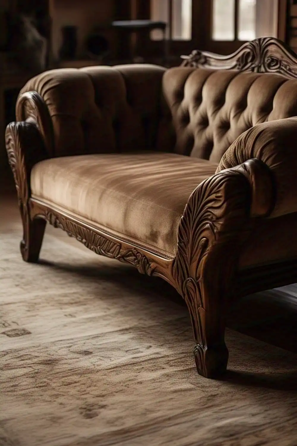 Ornate vintage sofa with wooden carvings