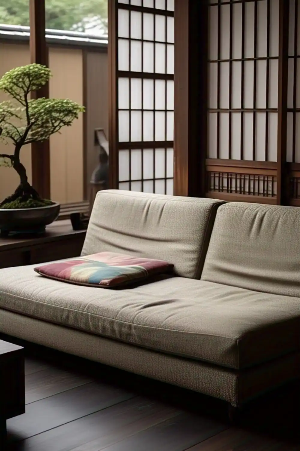 Modern sofa with bonsai in serene room