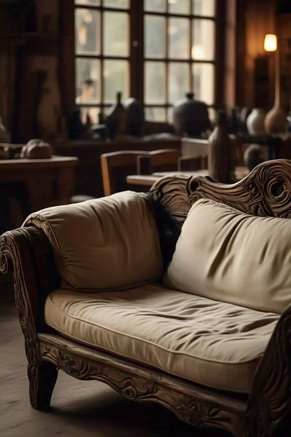 Elegant wooden sofa with beige cushions.