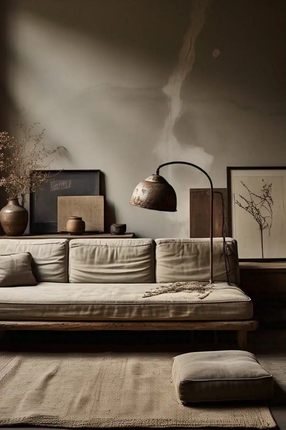 Cozy living room with earthy tones and decor.