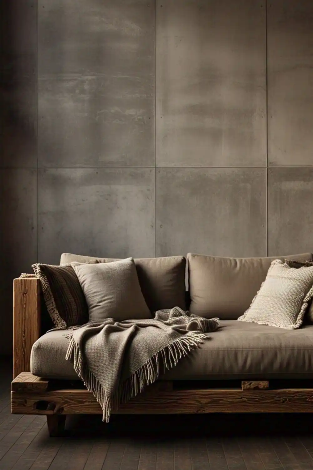 Cozy brown sofa with pillows and blanket.