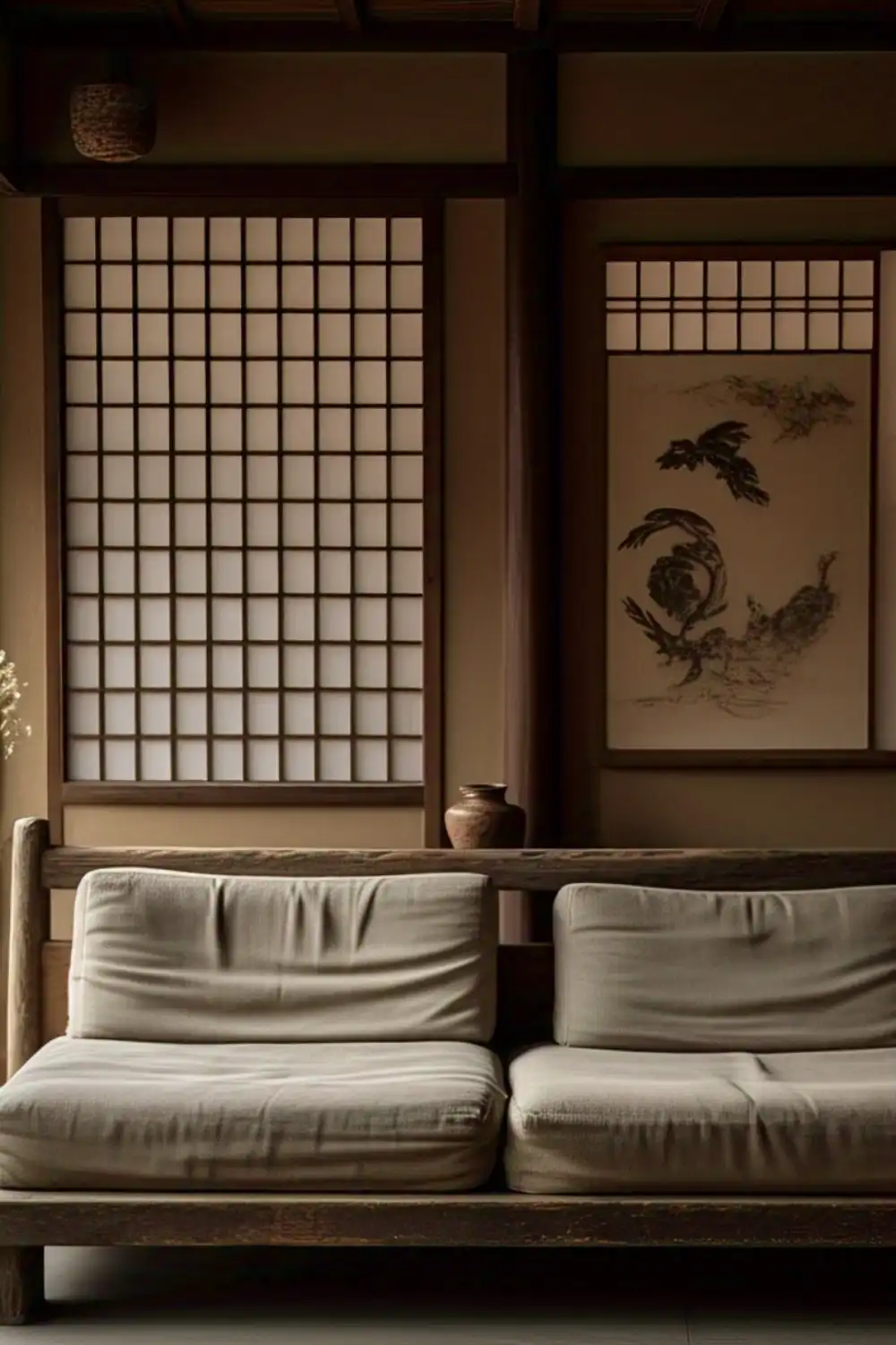 Traditional Japanese room with shoji screen and sofa.