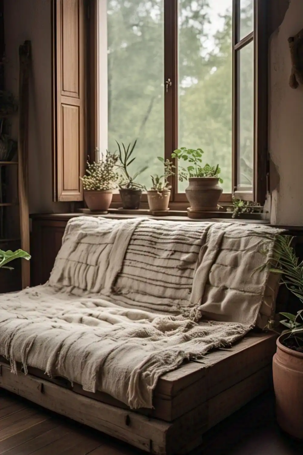 Cozy sofa with plants by a window