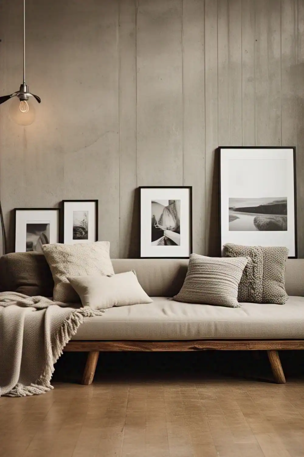 Minimalist living room with framed art and cozy couch.