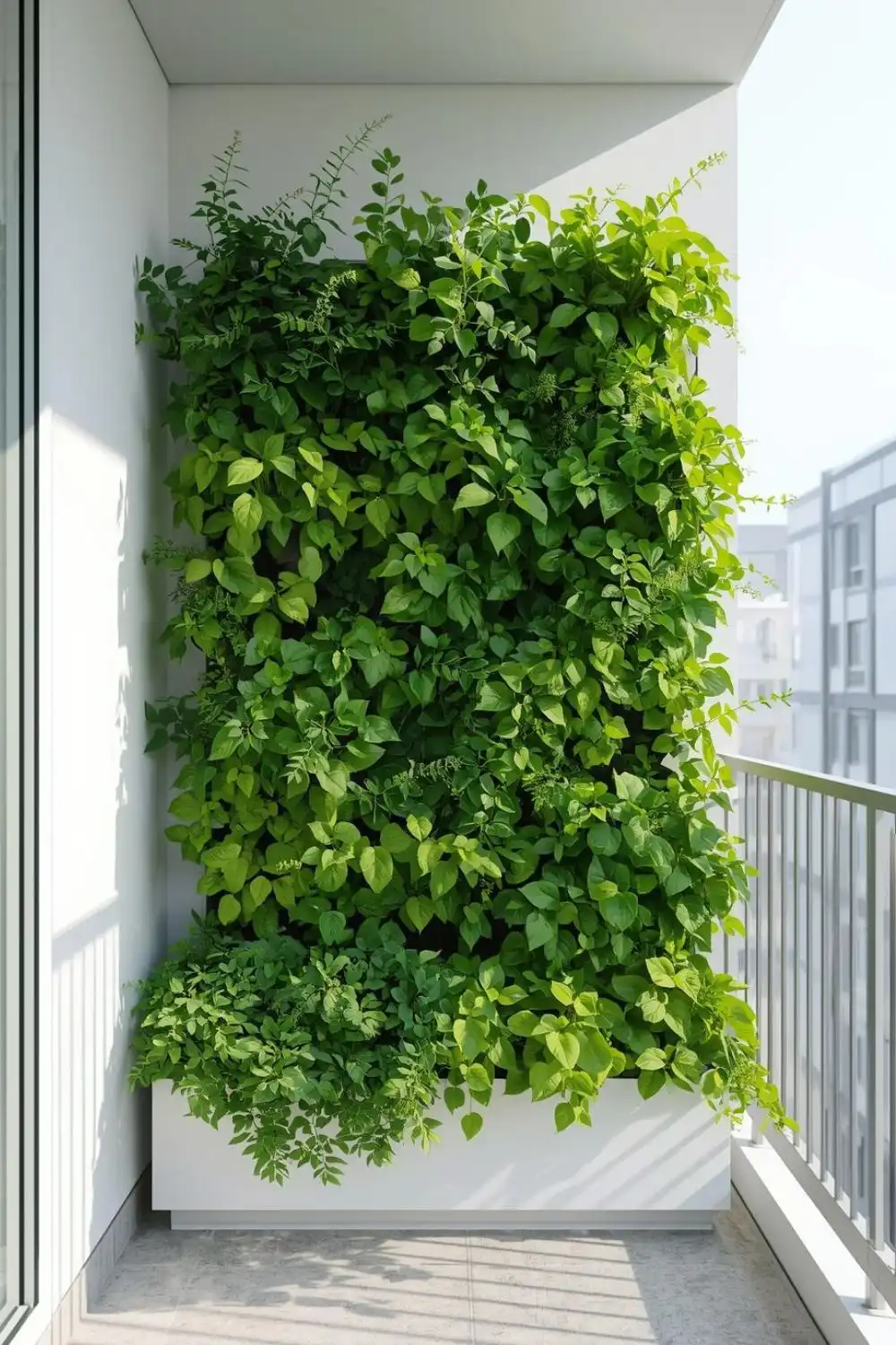 Vertical garden on sunny balcony wall