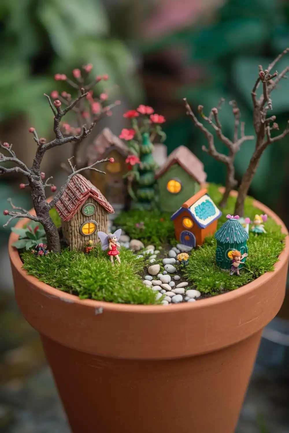 Miniature fairy garden in a terracotta pot.