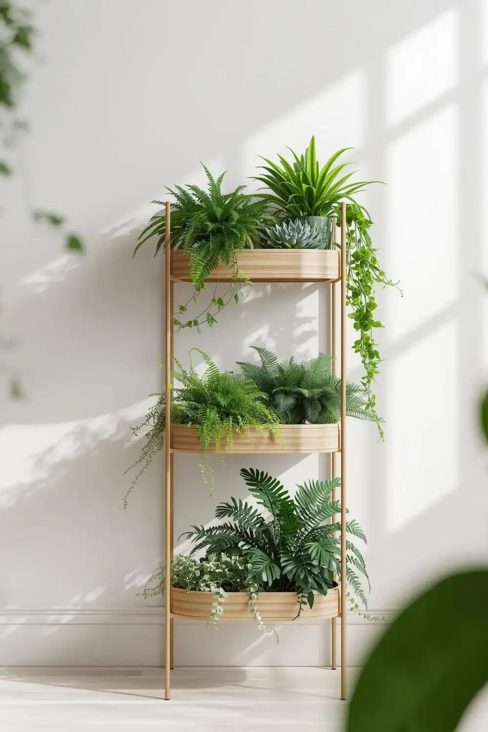 Indoor plant stand with lush green plants