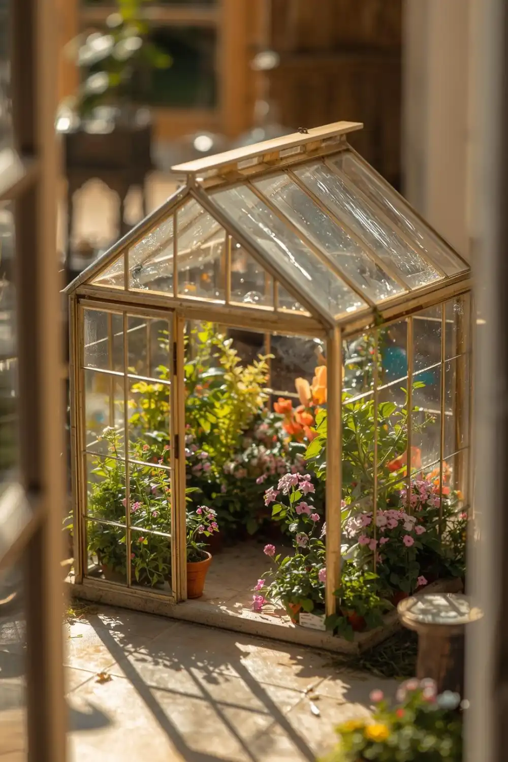 Mini greenhouse with colorful flowers inside