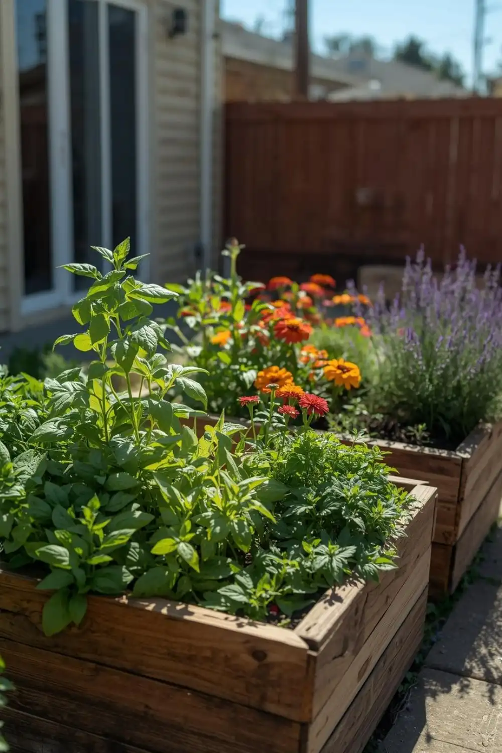 Wooden planters with herbs and flowers in garden.