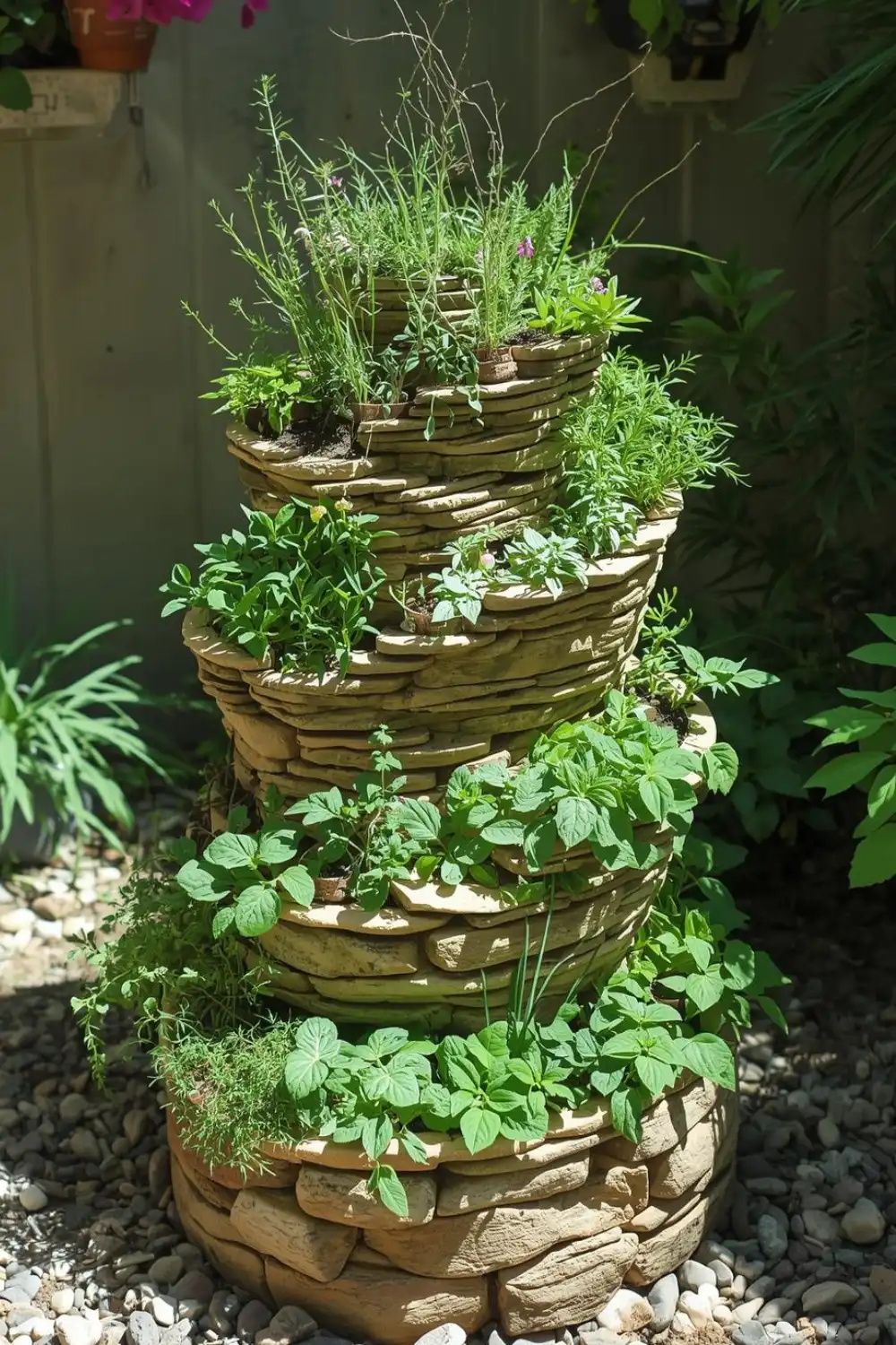 Tiered stone planter with lush green plants