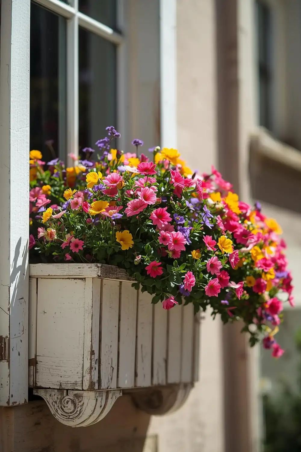 Colorful flowers in a window planter box.