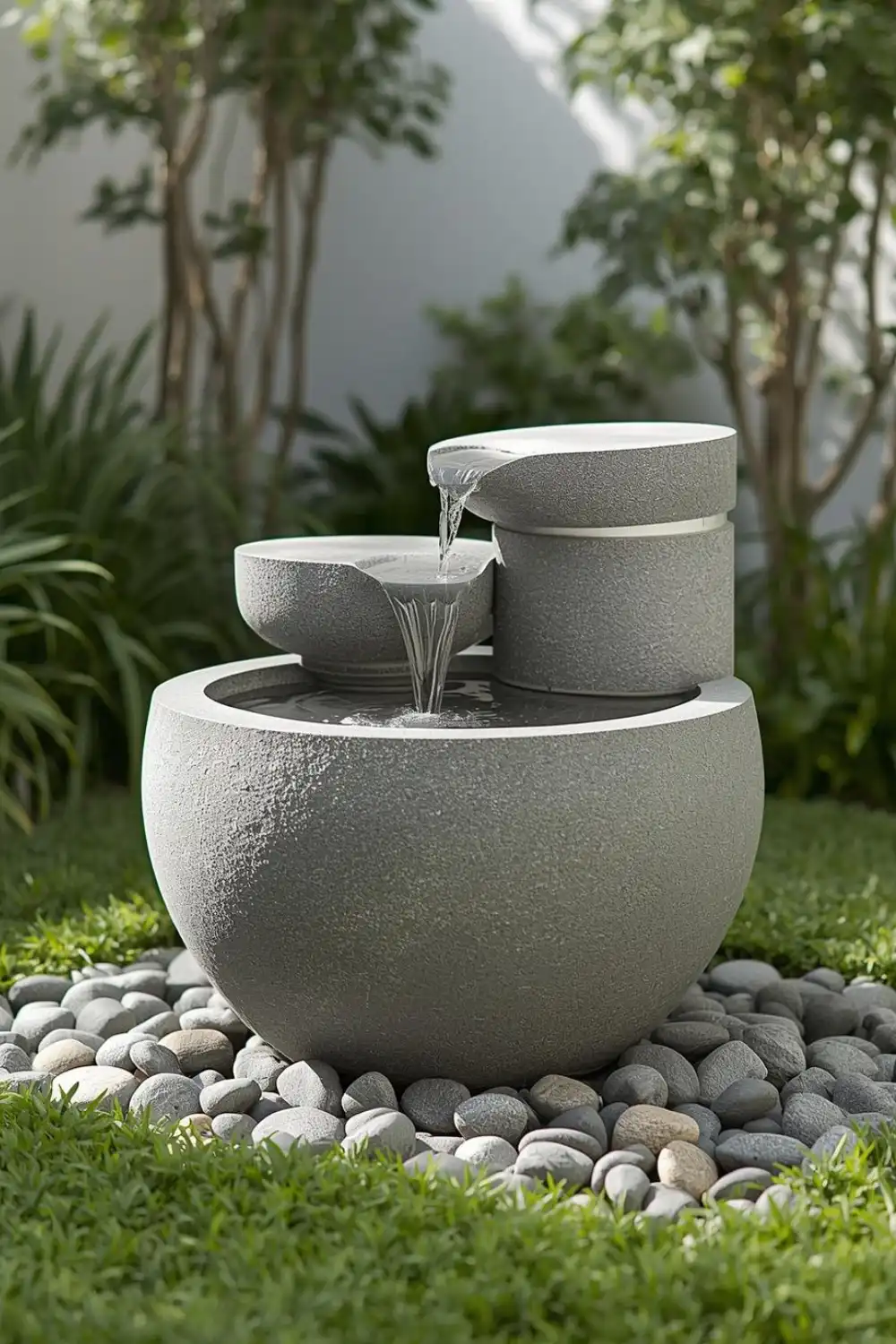 Three-tier stone garden fountain with gentle water flow.