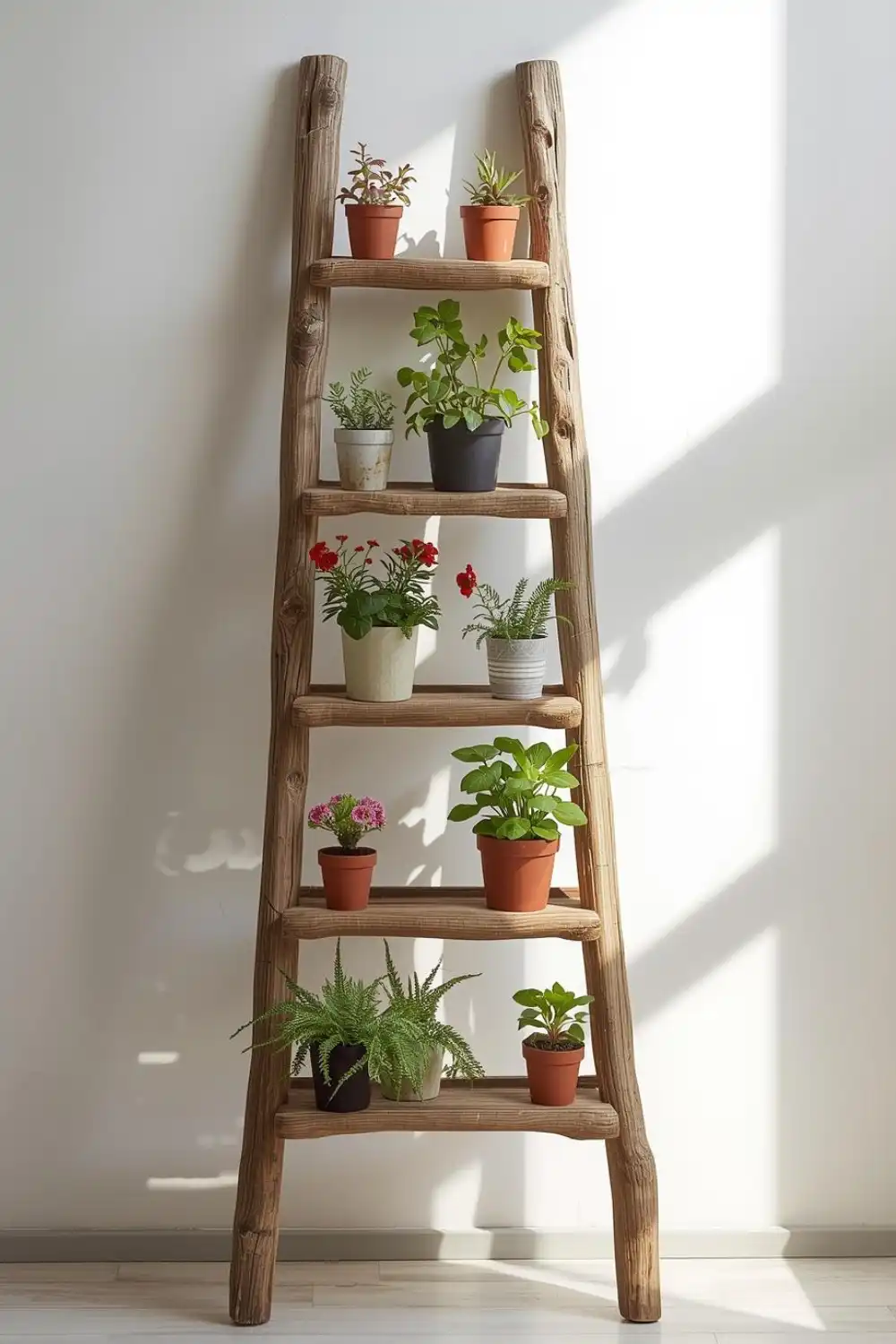 Wooden ladder shelf with various potted plants.