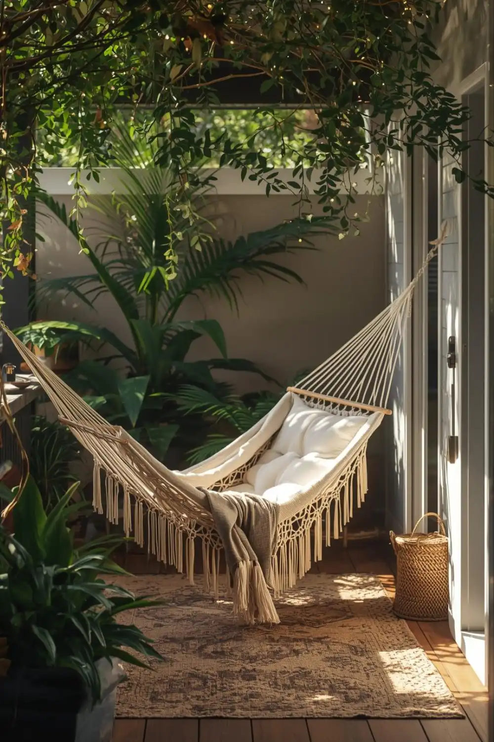 Cozy hammock in sunlit room with plants