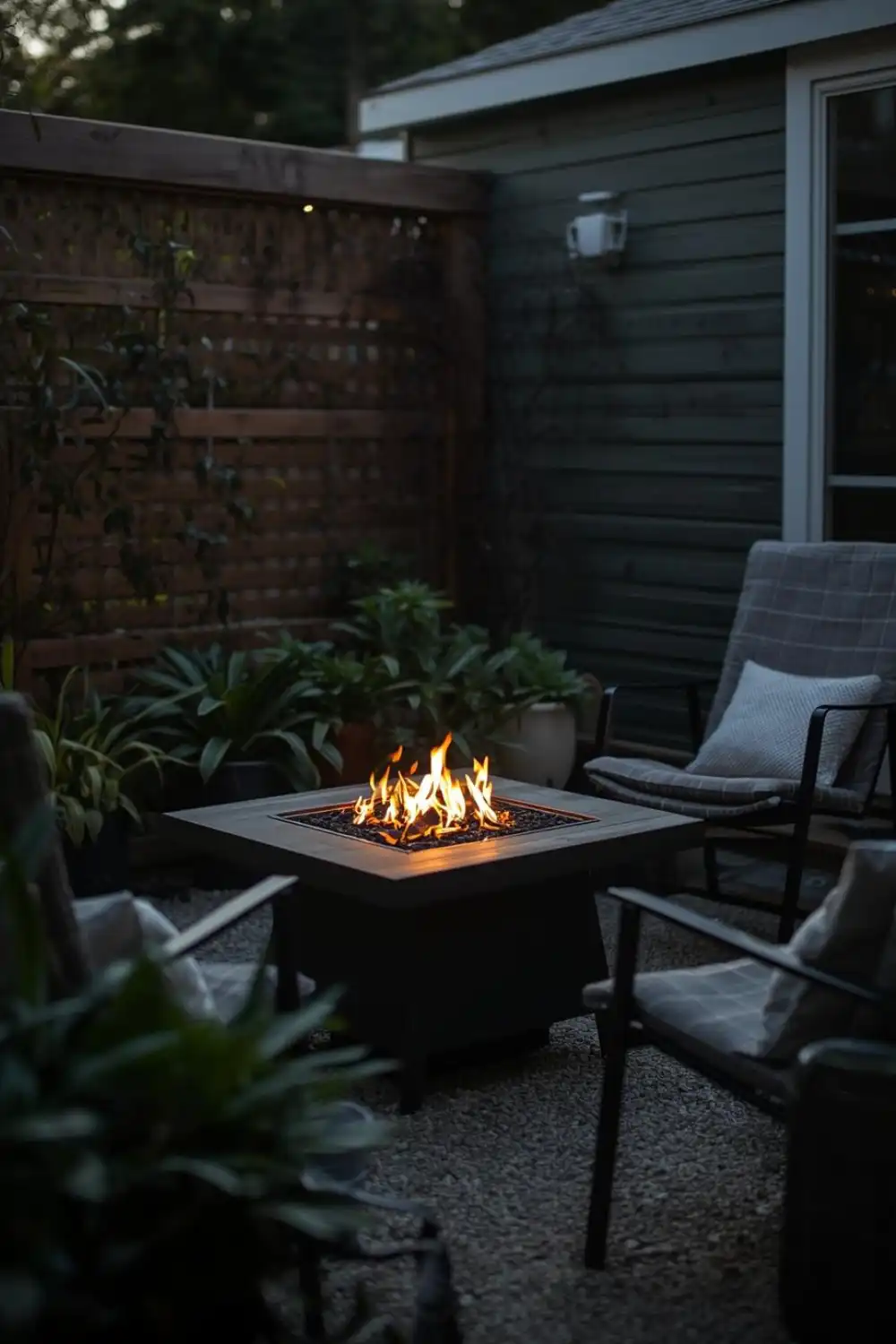 Cozy patio with fire pit and chairs.